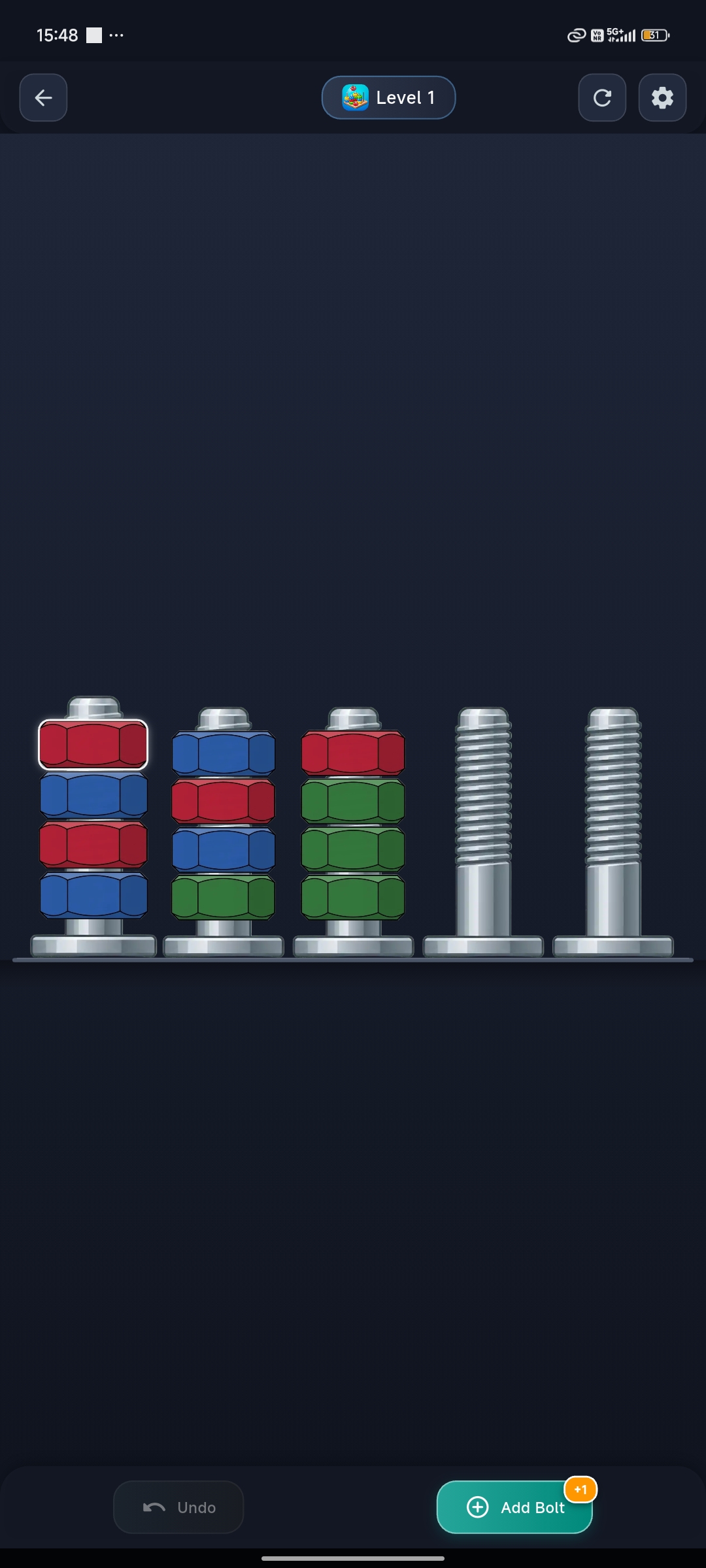 Sort The Nuts : Sort Puzzle Level 1 starting puzzle board with initial nut arrangement
