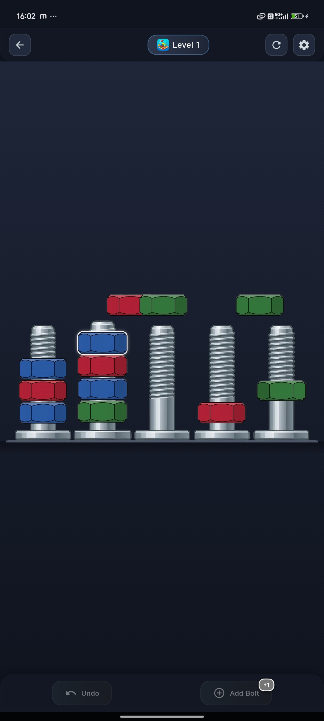Sort The Nuts : Sort Puzzle mid-air nut transfer animation across bolts