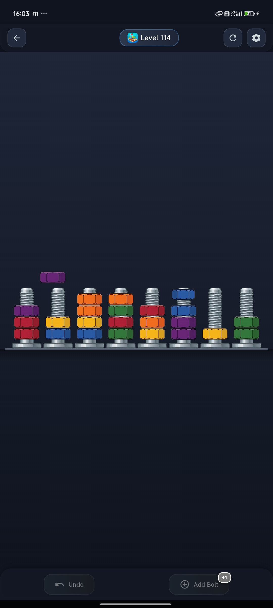 Sort The Nuts : Sort Puzzle Level 114 puzzle with 8 bolts and multi-color nut layout
