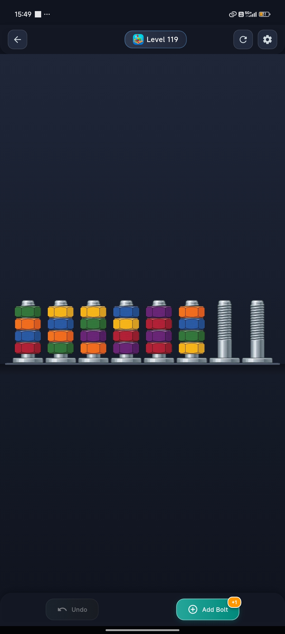 Sort The Nuts : Sort Puzzle Level 119 puzzle configuration with 6 colors