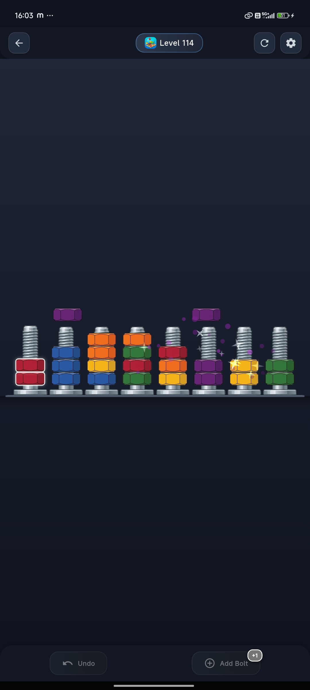 Sort The Nuts : Sort Puzzle Level 114 gameplay with active particle effects and color sorting
